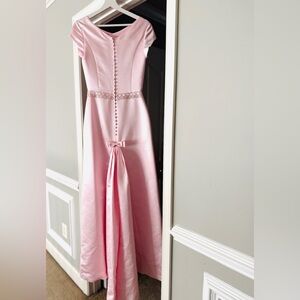 Bella Formals By Venus Pink A Line Satin Gown | Crystal waist and bow back, SZ 4